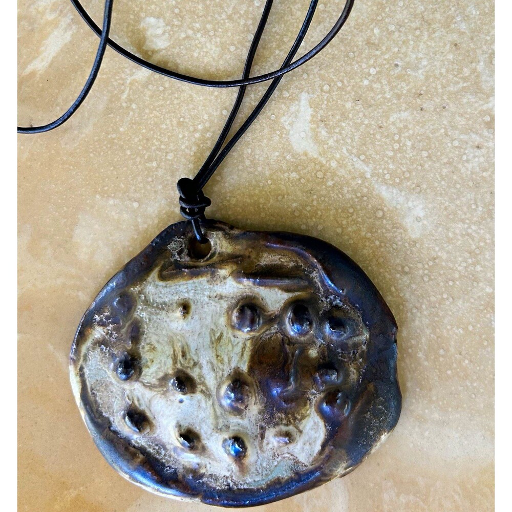 Studio Pottery Lotus Seed Pod Pendant Necklace Ceramic Handcrafted Leather Cord